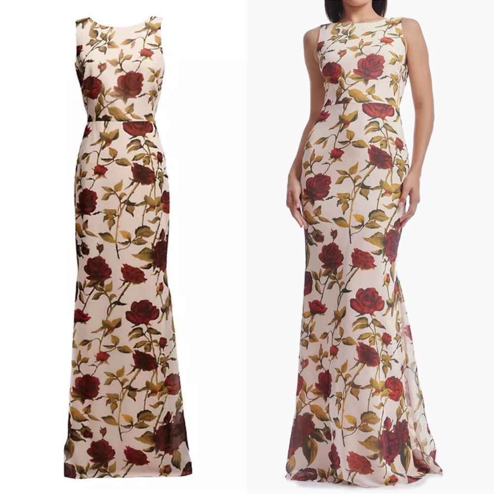 Dress the Population Cream & Red Multi Cherilyn Floral Open Back Mermaid Gown